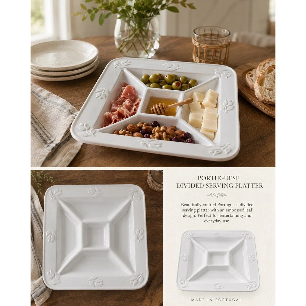 Vintage Portuguese White Ceramic Divided Serving Platter Embossed Leaf Tulip